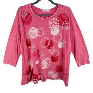 Jess & Jane 100% Cotton Pink Magic Dots Mineral Washed 3/4 Sleeve T-Shirt USA L